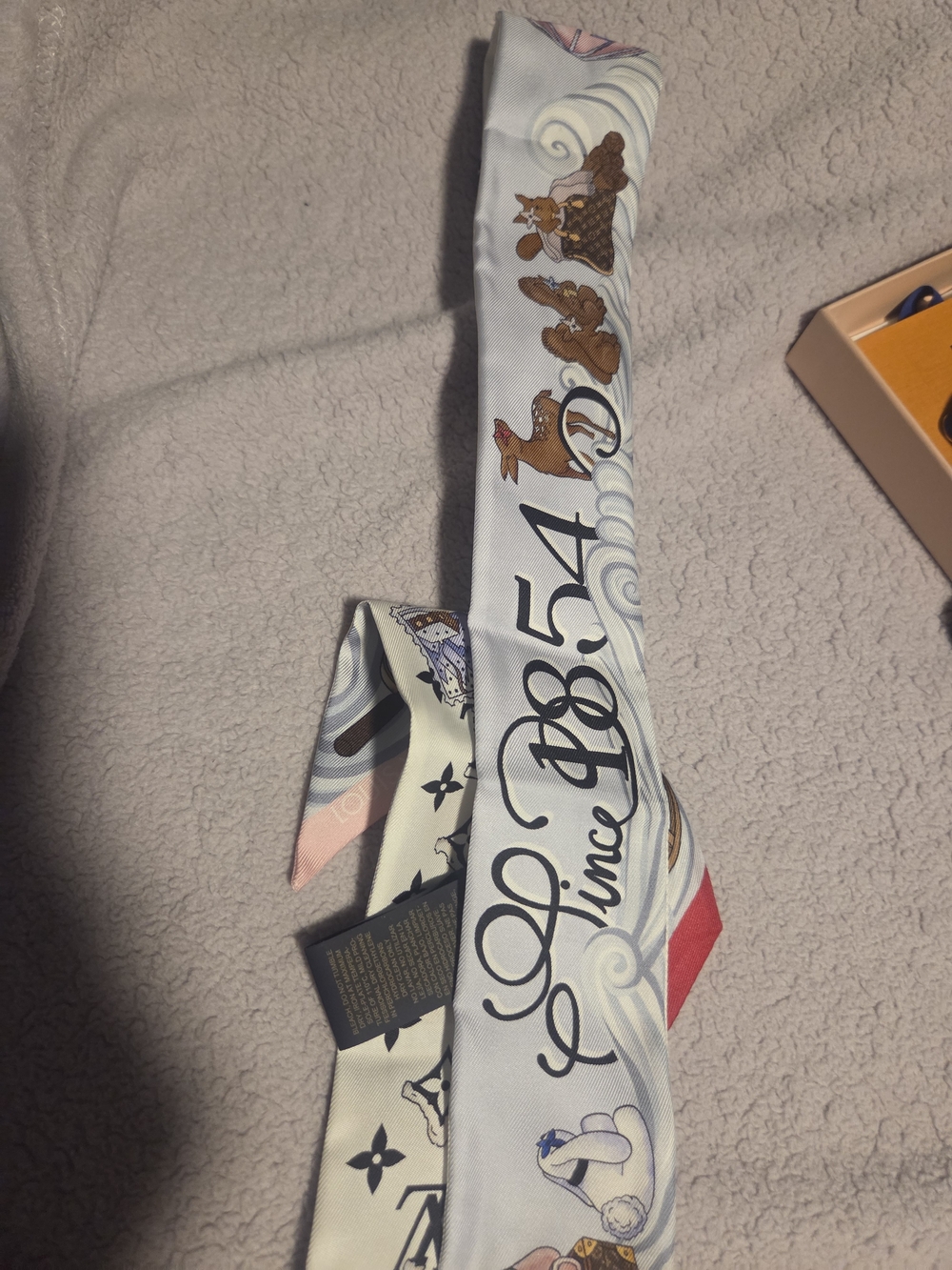 Louis Vuitton White & Brown Silk Bandeau Scarf - 'Since 1854' Print